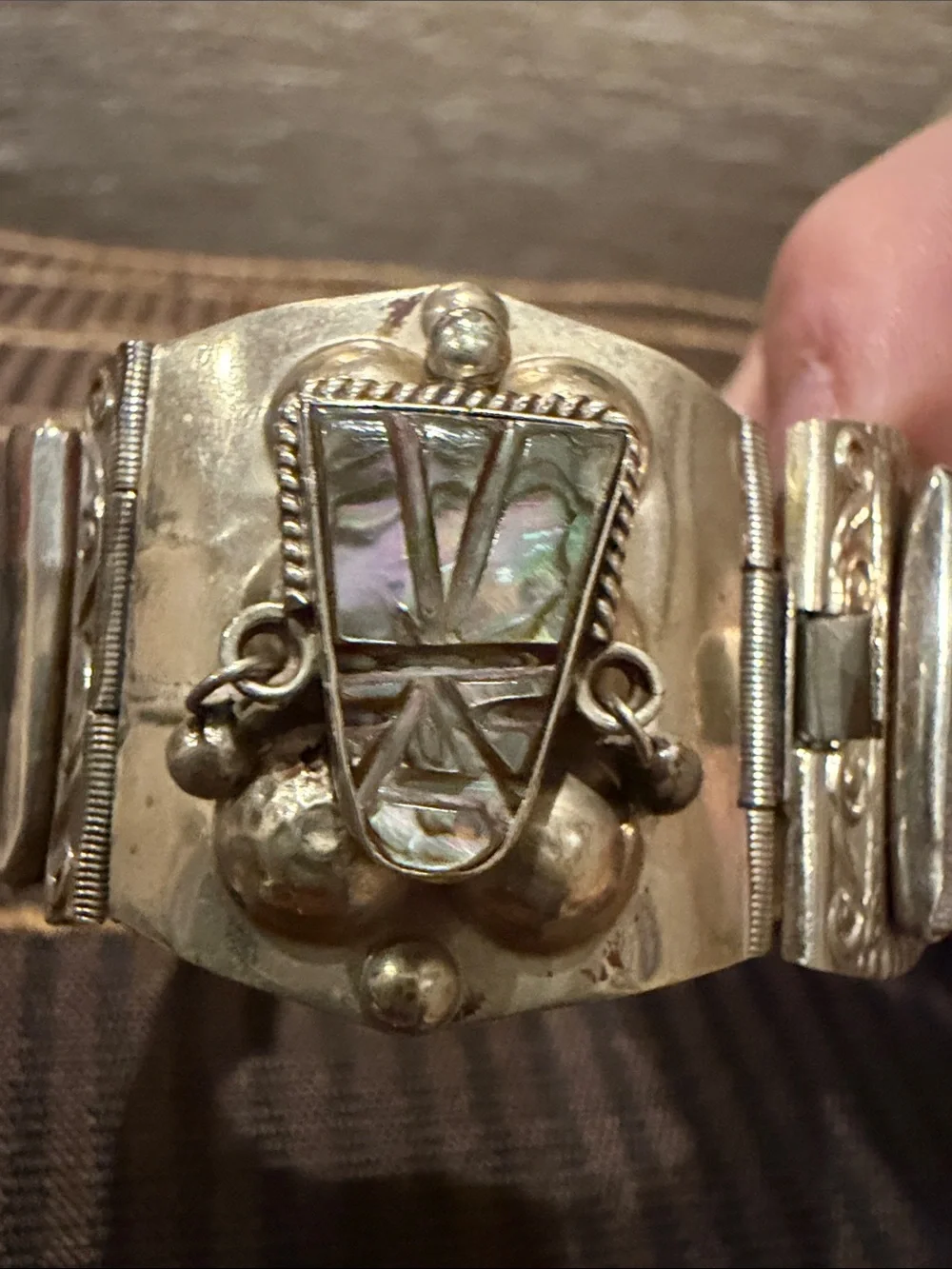 Vintage Taxco Abalone Mayan Panel Inlay Statement Bracelet